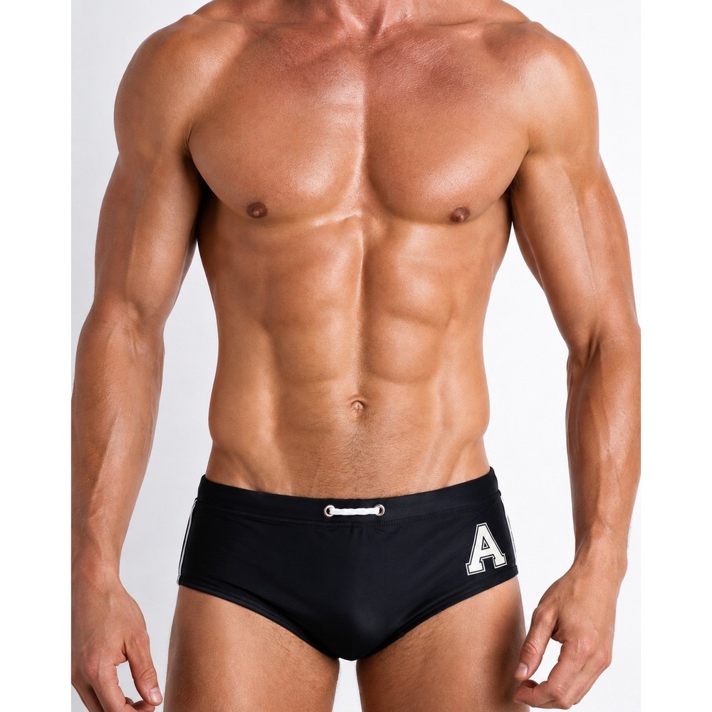 Aussiebum Swim Brief Mens L Black Varsity Letter A Sexy Man Drawstring Sporty